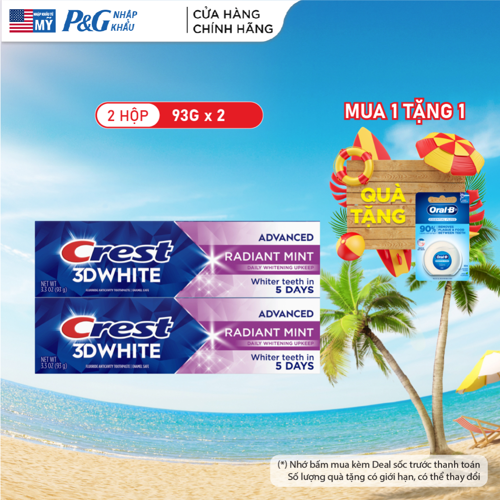 Combo 2 tuýp Kem đánh răng CREST 3D White Radiant Mint (2x93g) trắng sáng vượt trội tận gốc - Mỹ
