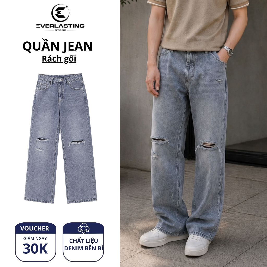 Quần Jean Nam Ống Suông Rách Nhẹ – Quần Jean Streetwear Trẻ Trung Cho Học Sinh Sinh Viên