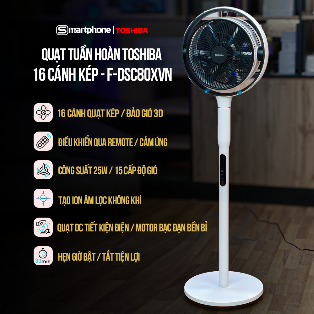 Quạt Tuần Hoàn Toshiba Trước 7 Cánh - Sau 9 Cánh F-DSC80XVN(W) 25W - Bảo Hành Chính Hãng 12 Tháng