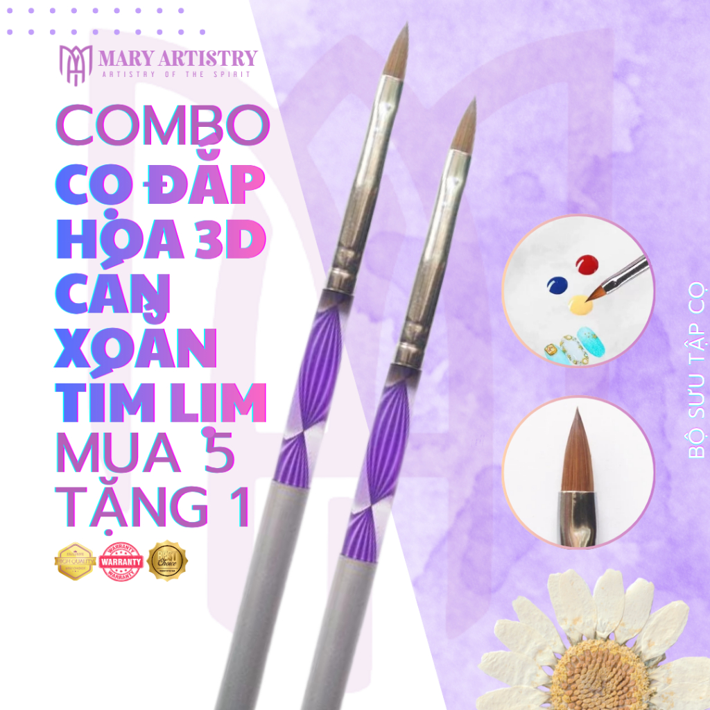 [Mua5Tặng1] Cọ Đắp Hoa Nổi 3D Cán Xoắn Mary Artistry Màu Tím Số 3 Cao Cấp Chuyên Nghiệp