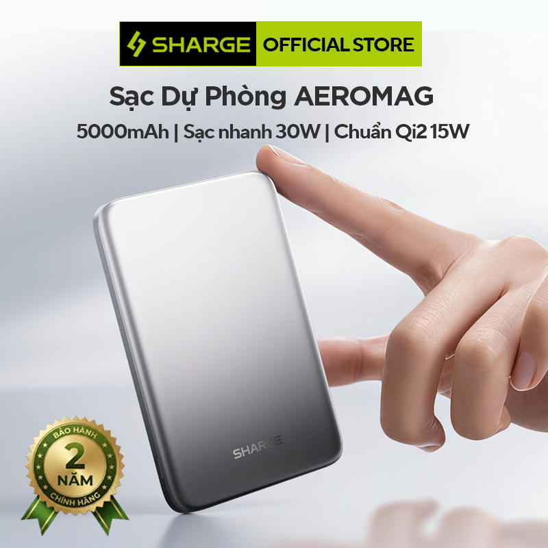 SHARGE Sạc Dự Phòng Không Dây AEROMAG 5 Qi2| Sạc Nhanh 15W | 5000mAh | Sạc Nhanh 30W_Bảo hành 2 Năm