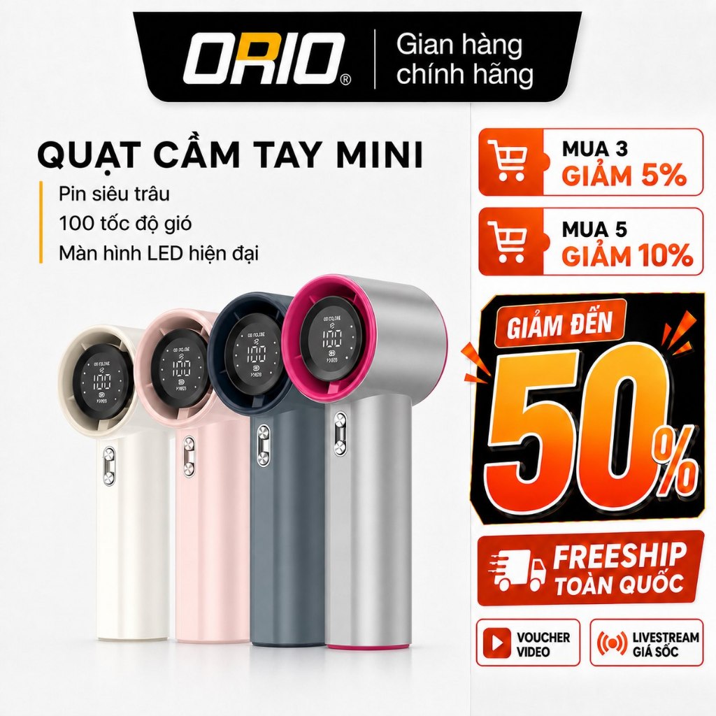 Quạt Cầm Tay Mini ORIO GS9 Pin Siêu Trâu 100 Tốc Độ Màn Hình LED, Quạt Cầm Tay Hiện Đại Tiện Lợi