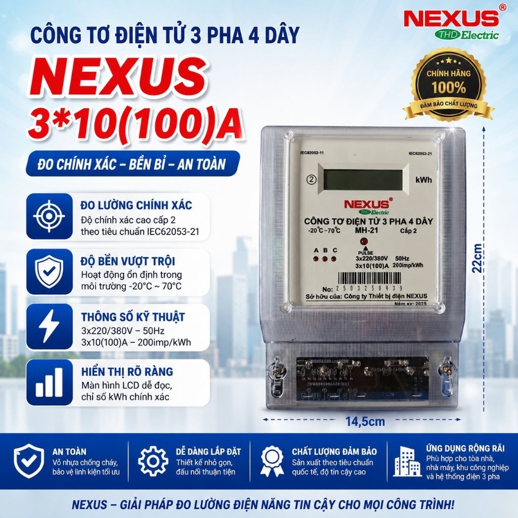 Công tơ điện tử 3 pha , công tơ điện tử 3 pha 4 dây Nexus 10 (100)A có biên bản kiểm tra điện kế