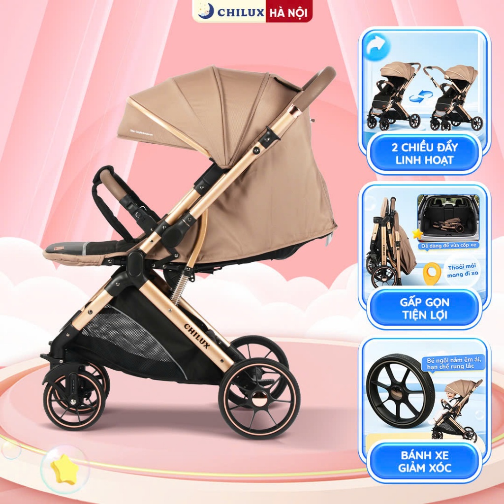 Xe đẩy 2 chiều Chilux K2 - Bánh xe giảm xóc, đai an toàn 5 điểm