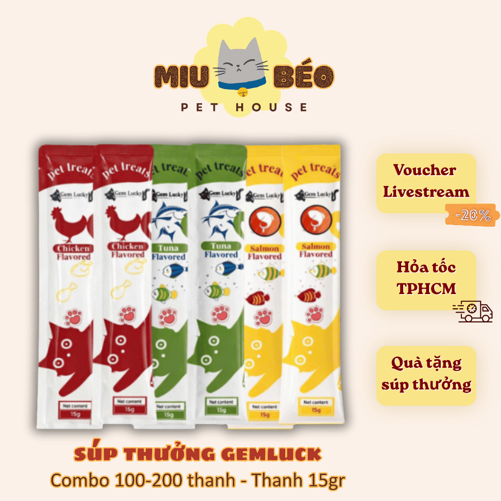 [Combo 200 thanh] Súp thưởng cho mèo GEMLUCK, súp thưởng cho chó mèo thanh 15gr - Miu Béo Pethouse