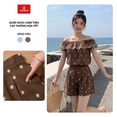 Quần đùi sooc nữ CARDINA chất liệu linen thêu cạp thường họa tiết 6QSA21