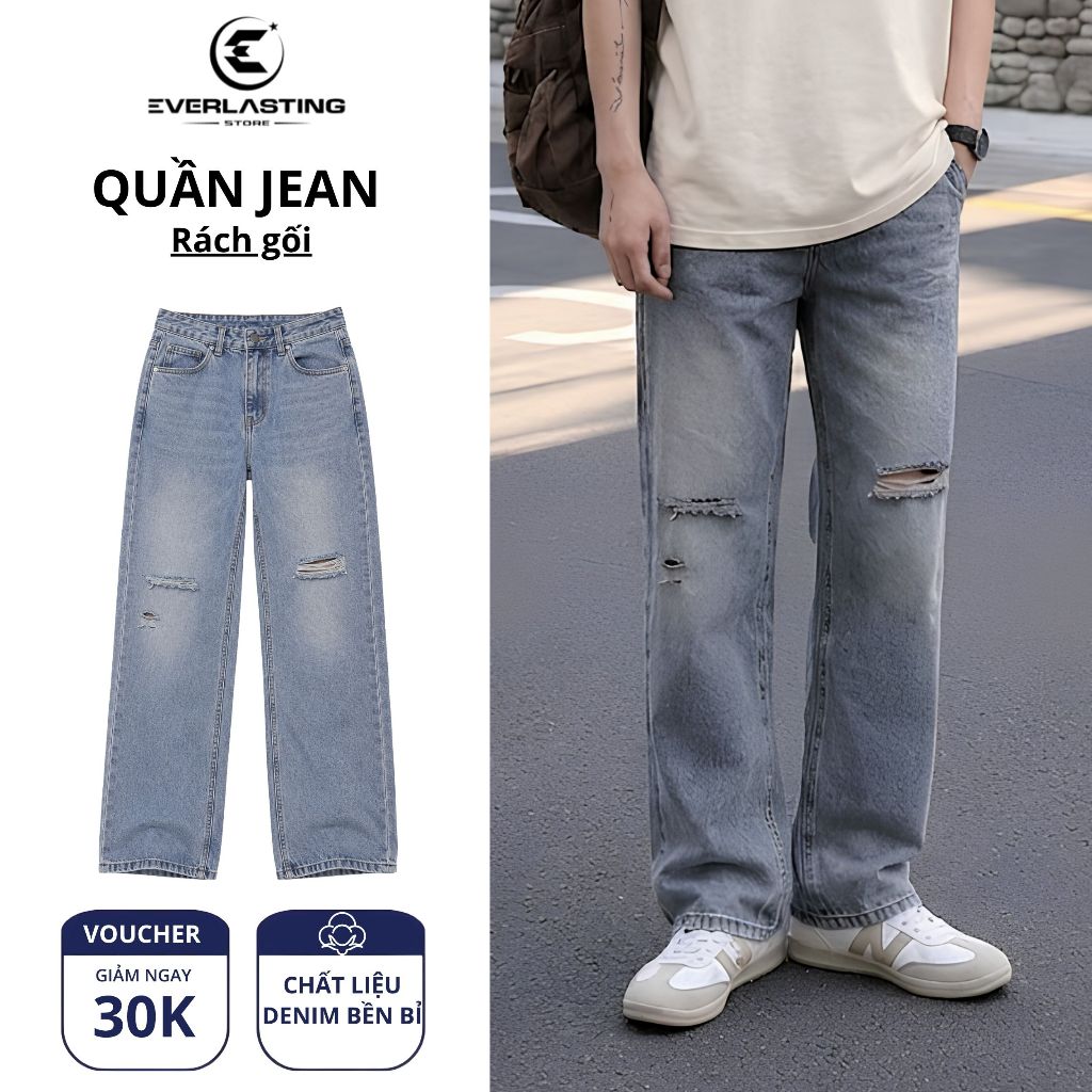 Quần Jean Nam Ống Suông Rách Nhẹ Streetwear Quần Bò Trẻ Trung Phong Cách Đường Phố
