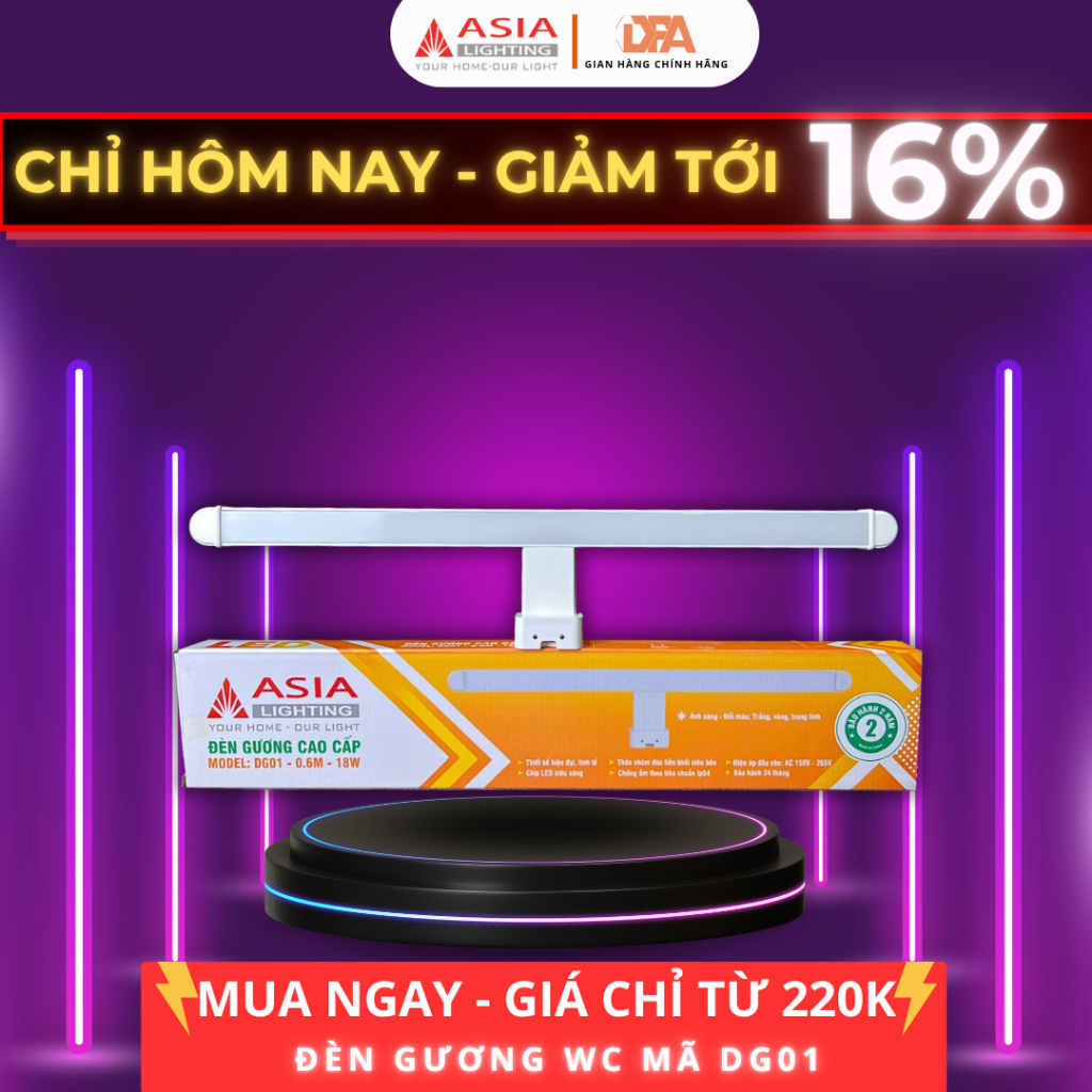 Đèn Gương WC Asia Lighting DG01 , DG02 Công Suất 18W và 24W, Ánh sáng Trắng - Vàng - Trung Tính - Đổ