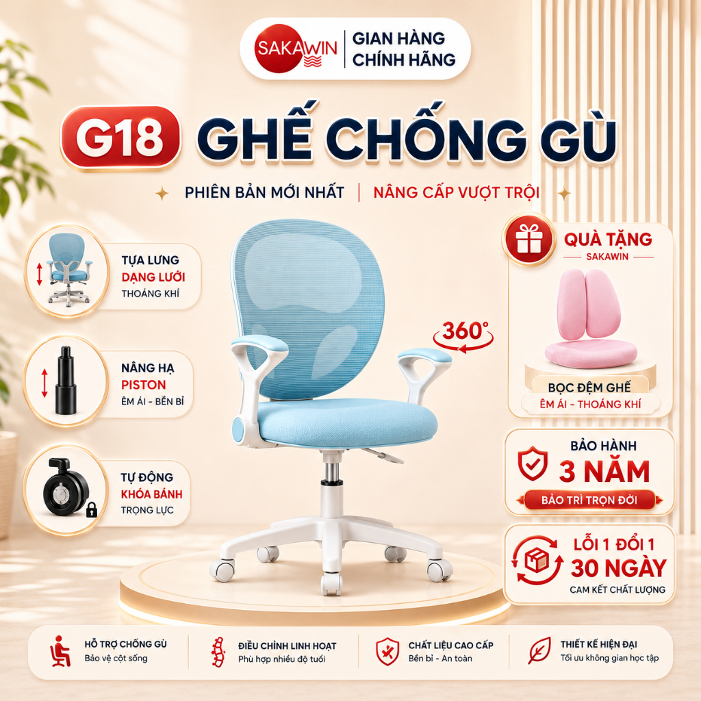 [ĐẶC BIỆT] Ghế chống gù thông minh Sakawin G18 Nâng hạ Piston có khoá bánh tự động Cho học sinh từ 3