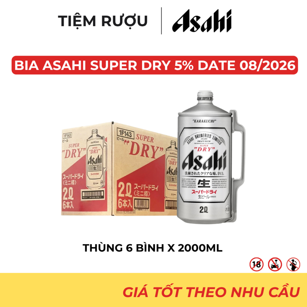 Thùng 6 Bình Bia Asahi Nồng Độ 5% 2000ml Date 08/2026 - Hương Vị Nhật Bản Trên Tay Bạn