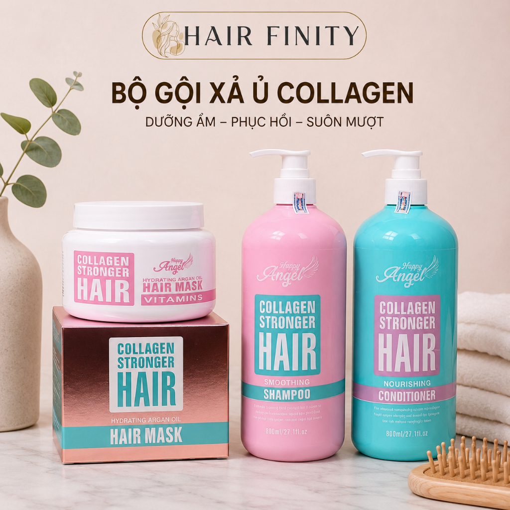 Dầu gội Collagen HAPPY ANGEL 800ml dưỡng ẩm phục hồi tóc khô xơ hư tổn hương nước hoa
