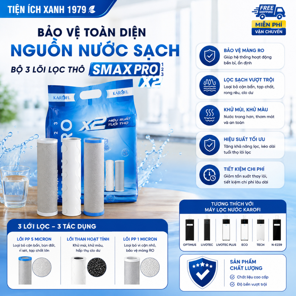 [Combo Chính Hãng] Bộ 3 Lõi Lọc Nước Karofi 123 Smax Duo OCB Nhỏ Cắm Nhanh - Dùng Cho N-e, B930, E8R