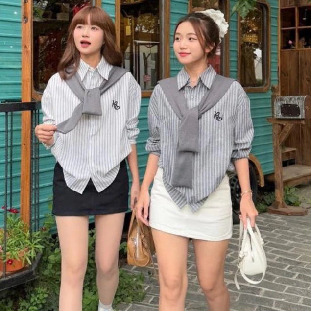 Sơ Mi Nữ Dài Tay Hình Thêu Chất Thô Mềm Kèm Khăn, Sơ Mi Kẻ Nữ Dáng Rộng Kiều Hàn Quốc - Kim Anh Bùi 