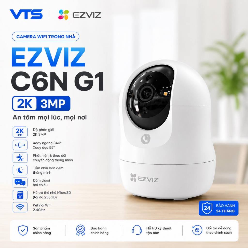 Camera Wifi EZVIZ C6N G1 5MP/C6N G1 3MP/C6N PRO 3MP, Xoay 360 Độ, Đàm Thoại 2 Chiều, Theo Dõi