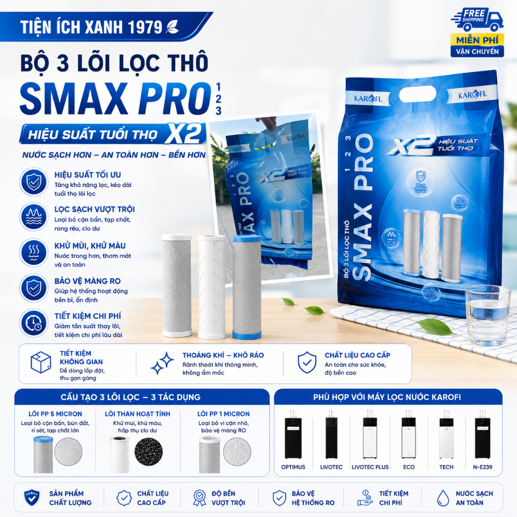 [Chính Hãng] Combo Lõi Lọc Nước Karofi 123 CTO Smax Duo - Bộ Lõi RO 10 Inch Cho S-S038, X39, O-P1310