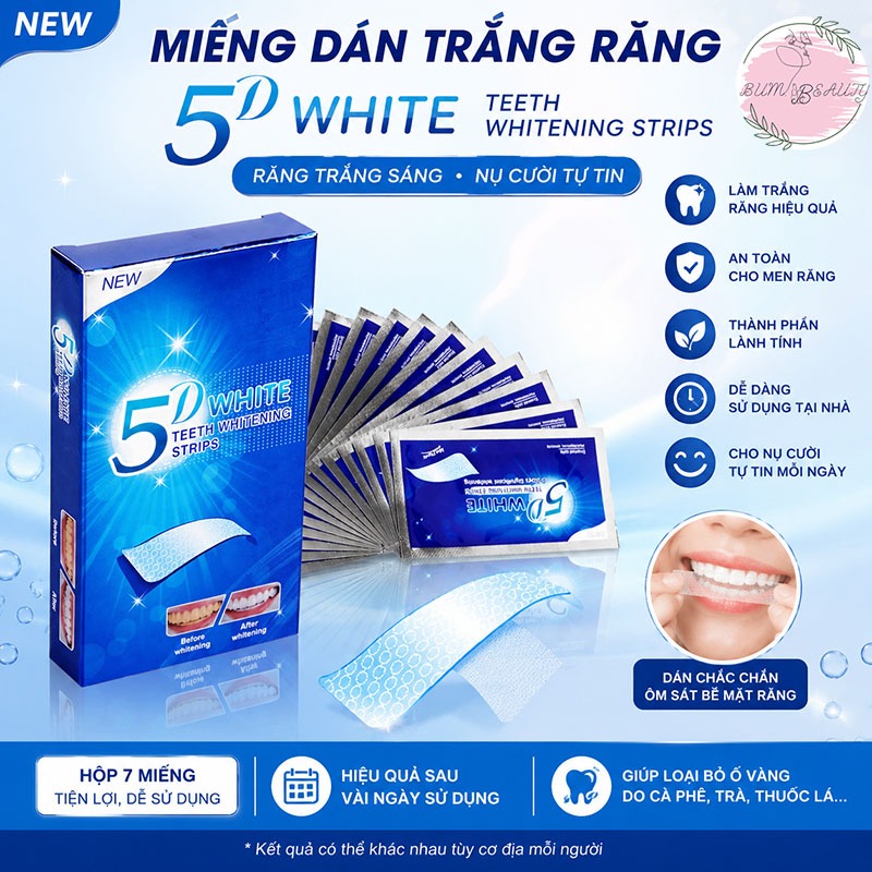 Miếng Dán Trắng Răng 5D White Teeth Whitening Strips Hộp 7 Miếng Làm Trắng Răng Tại Nhà Giảm Ố Vàng