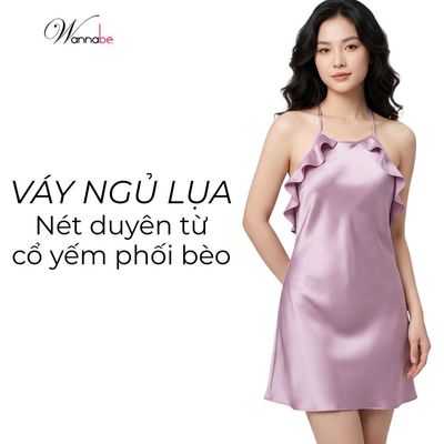 Váy ngủ lụa cao cấp WANNABE đầm ngủ chính hãng cổ yếm cut-out lưng viền bèo nữ tính quyến rũ DNS22