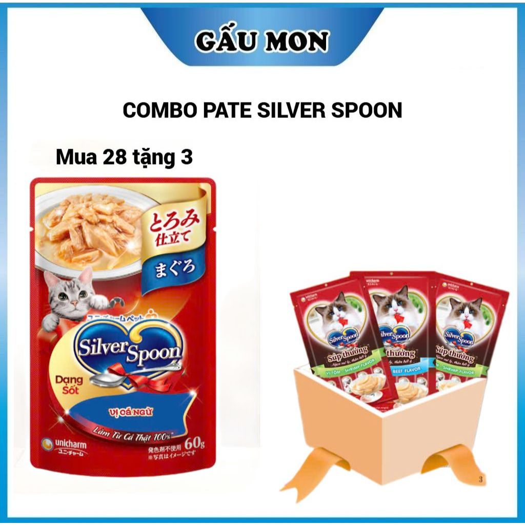 {COMBO} Pate Silver Spoon gói 60g -Pate cho mèo Silver Spoon - Dạng Thạch/Sốt, Nhiều Hương Vị
