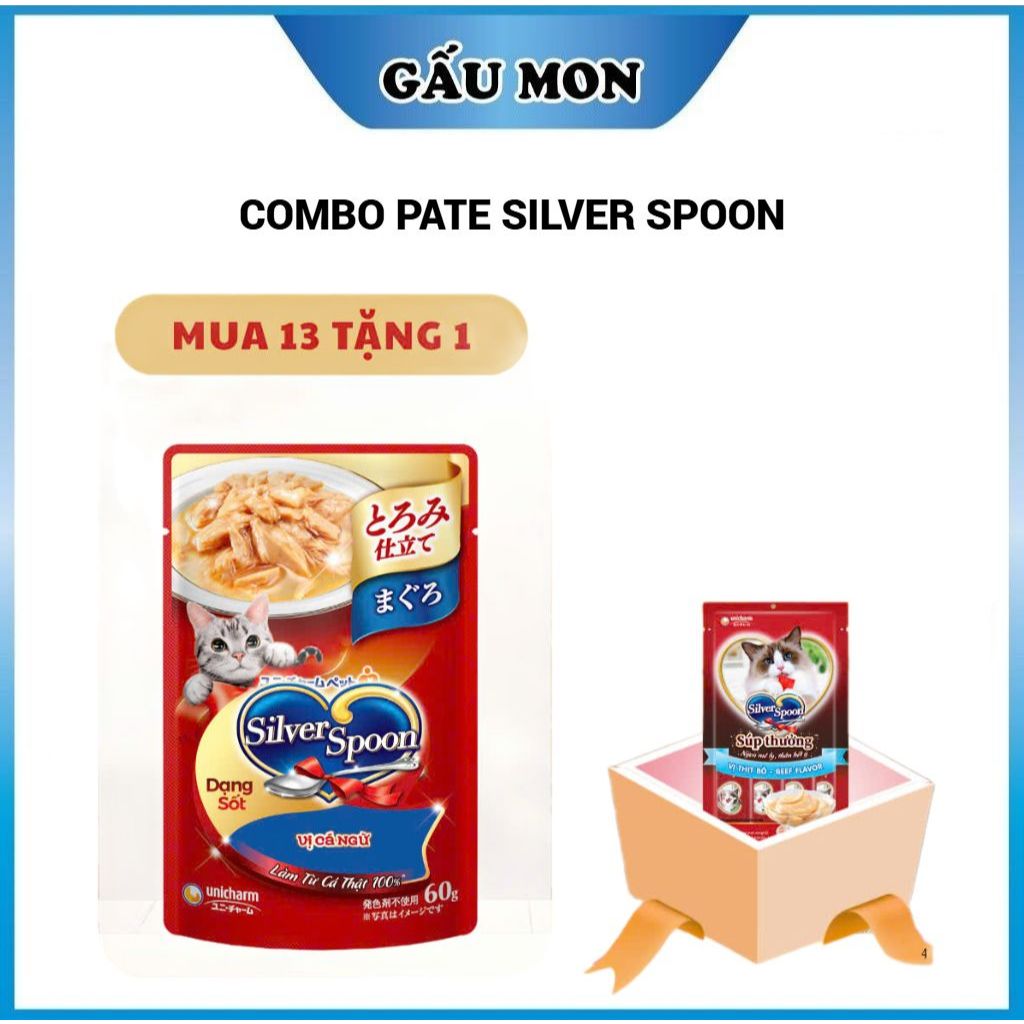COMBO 13 gói Pate Silver Spoon gói 60g -Pate cho mèo Silver Spoon - Dạng Thạch/Sốt, Nhiều Hương Vị