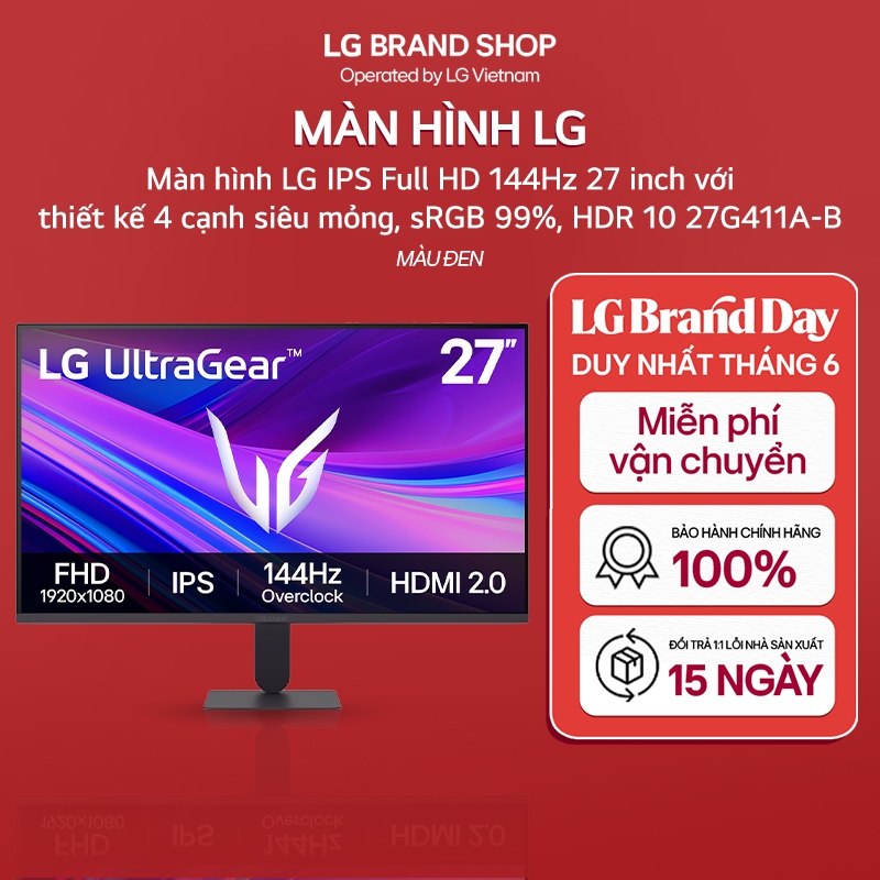 [Chỉ giao Bắc/Trung] Màn hình gaming LG IPS Full HD 144Hz với thiết kế 4 cạnh siêu mỏng, sRGB 99%, HDR 10, 1ms MBR