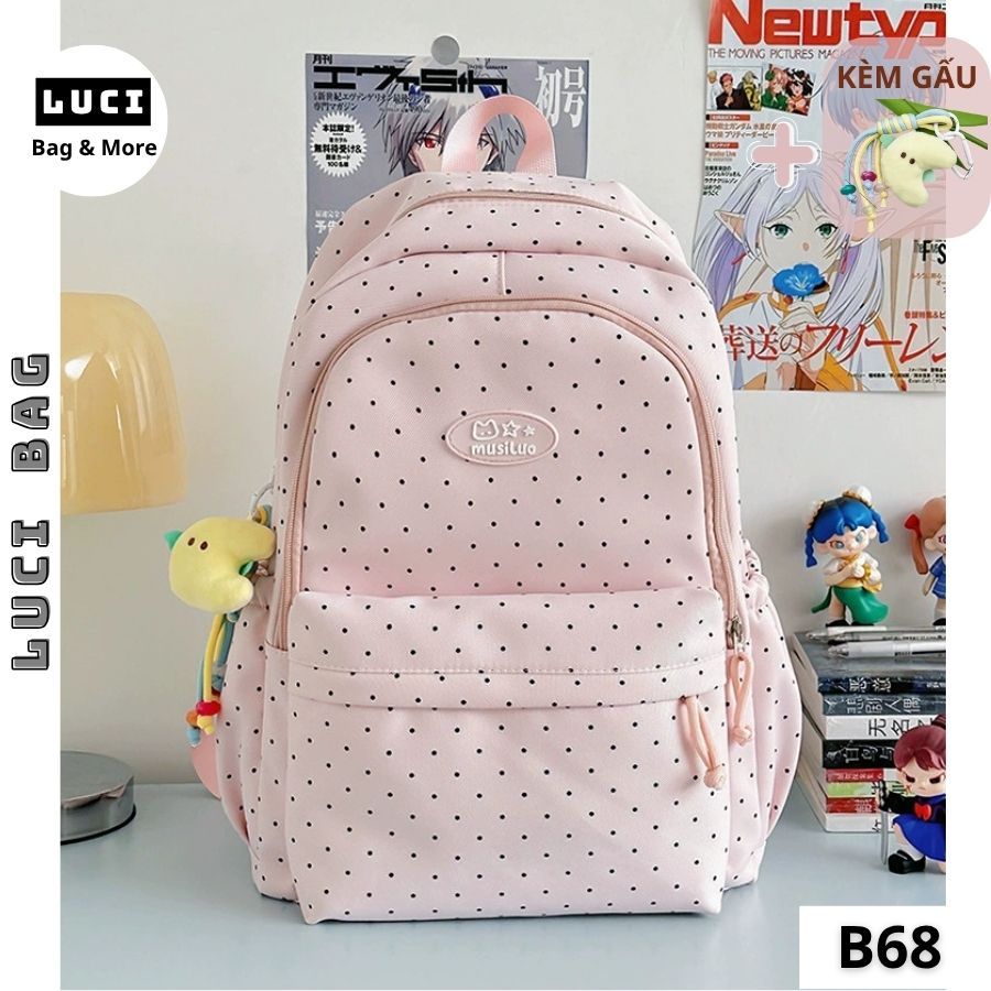 Balo nữ đi học, Balo học sinh cấp 2 nam nữ chấm bi thời trang  LUCI B68 đựng vừa laptop 15.6inch chống nước