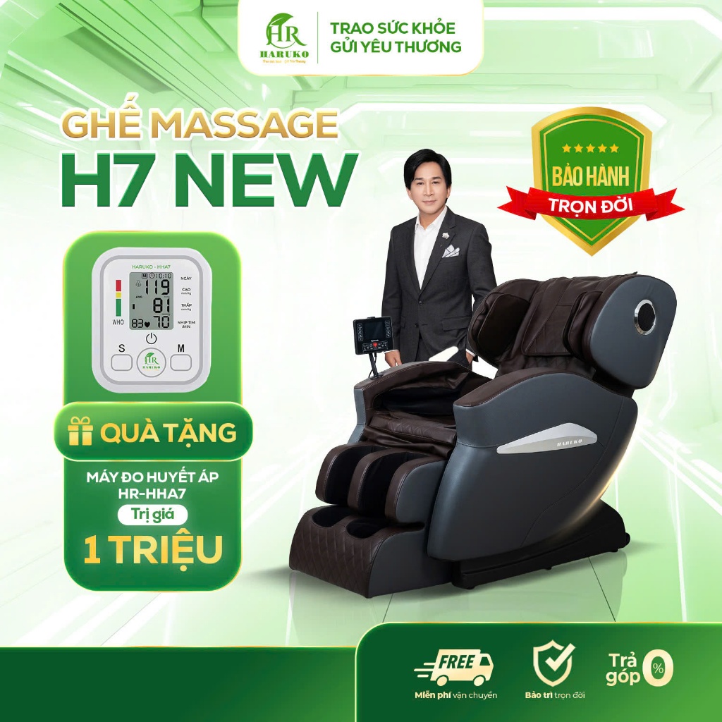 Ghế massage toàn thân HR Haruko H7 New, máy massage con lăn 3D, lắp đặt tại nhà bảo hành trọn đời