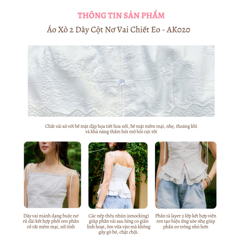 Áo 2 dây xô buộc nơ vai thêu hoa phối ren, dáng chiết eo nữ tính La Boutique SS26 - AK020-2605LAT | BigBuy360 - bigbuy360.vn
