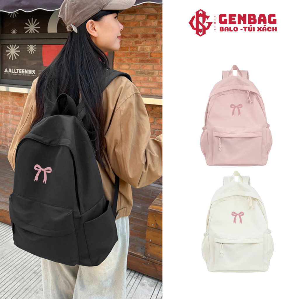 Balo ulzzang đi học vải trượt nước GENBAG balo nữ họa tiết nơ thêu vừa laptop 14 inch BL10