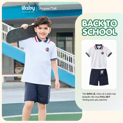 Mix set đồ đi học bé trai ILABY áo polo trắng phối viền và quần short thể thao navy [3091+3274]