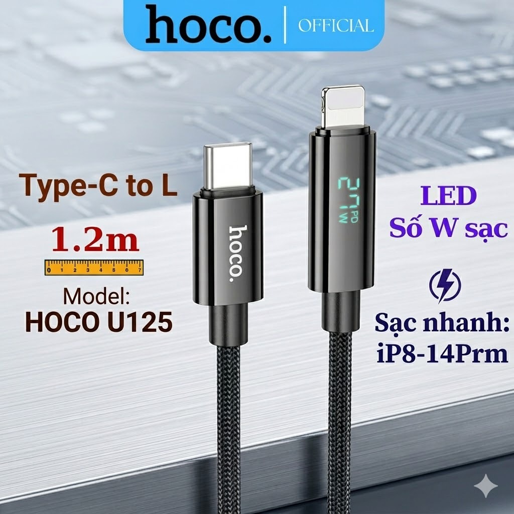 Cáp sạc nhanh PD 27W Hoco C to L bọc dù 1m2 U125 U137 U148 đầu cáp Led số W cho X/11/12/13/14series | BigBuy360 - bigbuy360.vn