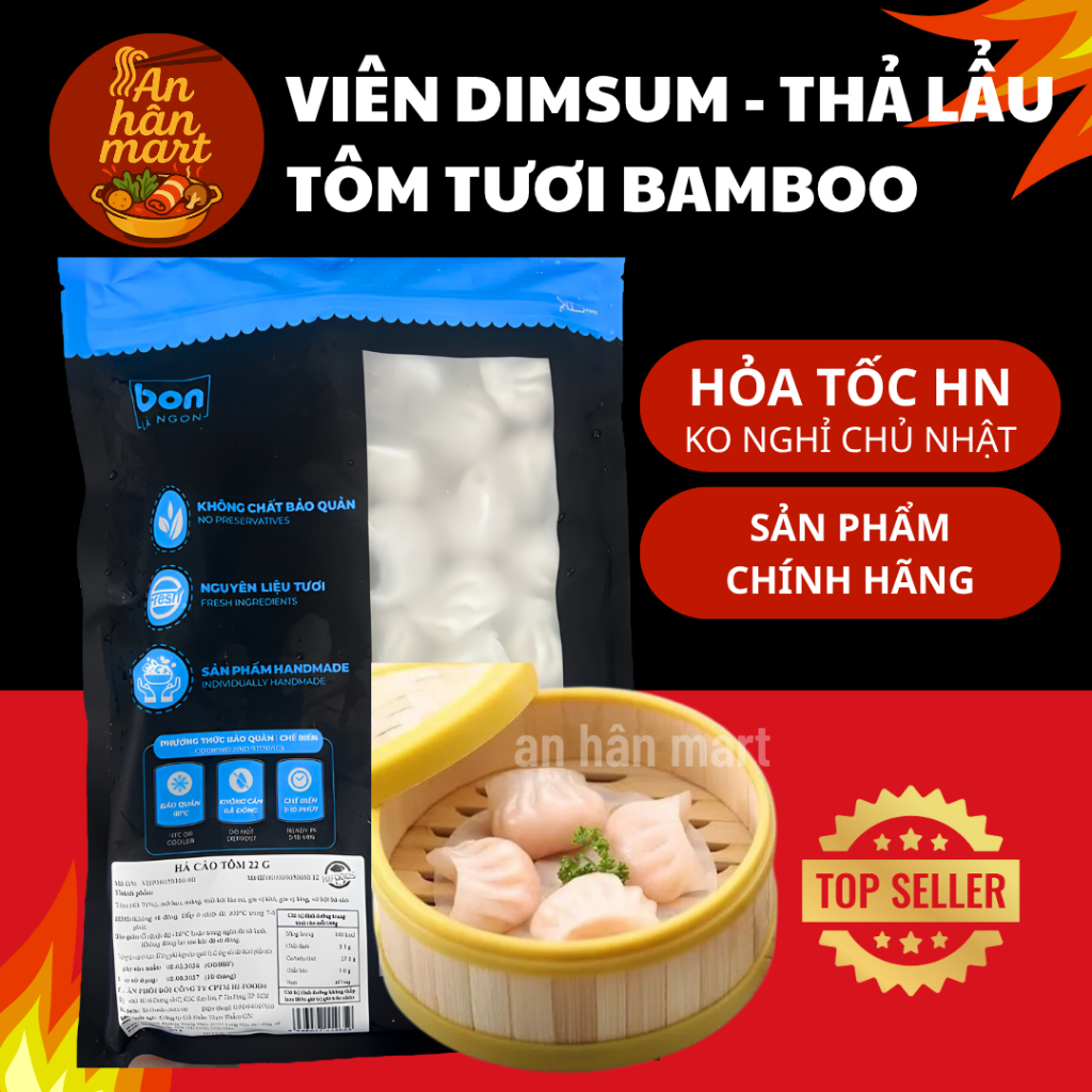 Viên Há cảo Dimsum tôm tươi Bamboo hấp nóng, thả lẩu túi 880g