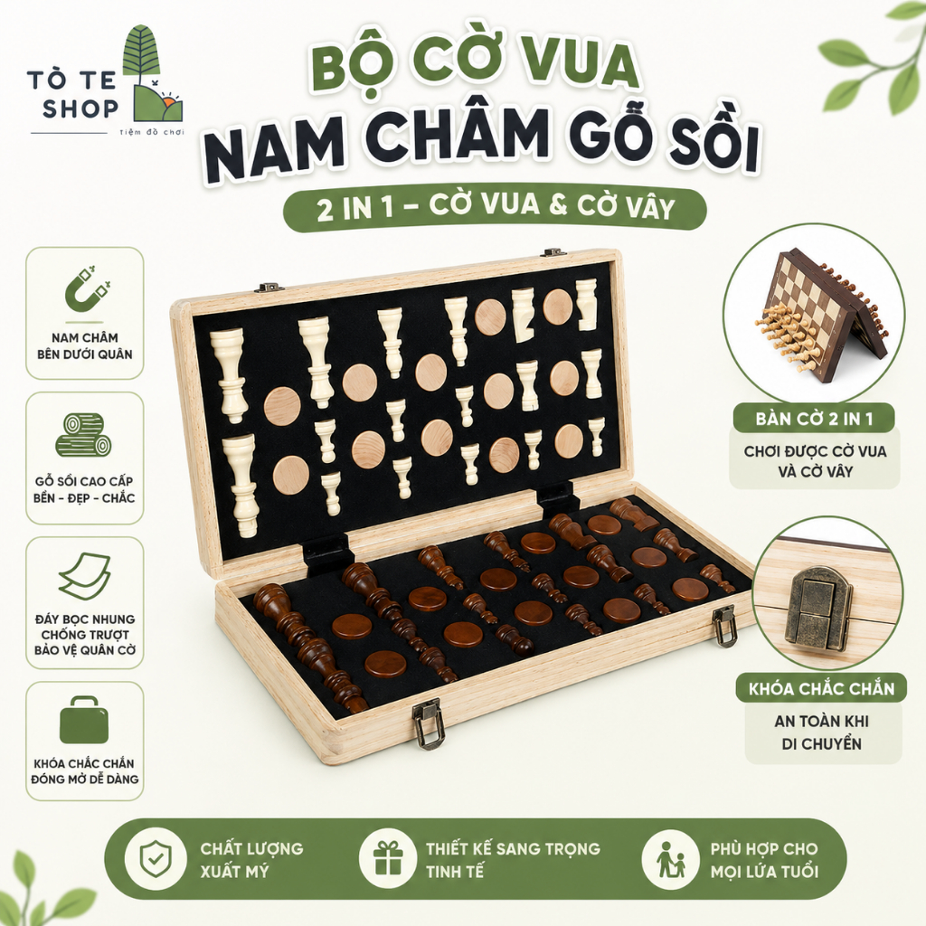 Cờ Vua Gỗ Sồi Gắn Đế Nam Châm, Cờ Vua Xuất Mỹ 2 trong 1 kèm Cờ Đam, Magnetic…