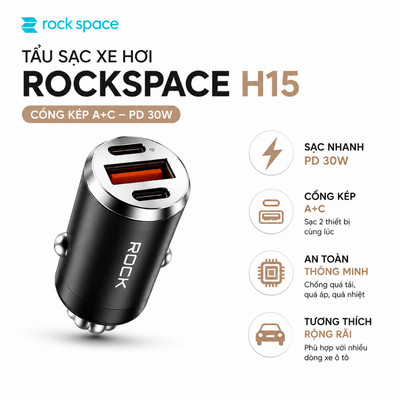 Tẩu sạc xe hơi Rockspace H15 cổng kép A+C PD 30W Car nhỏ gọn sạc không nóng máy BH 12 tháng