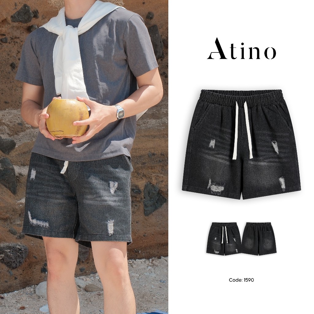 Quần Short Nam Jeans Rách Cá Tính ATINO Ống Rộng Chất Liệu Cotton Mềm Mát L.1.1590