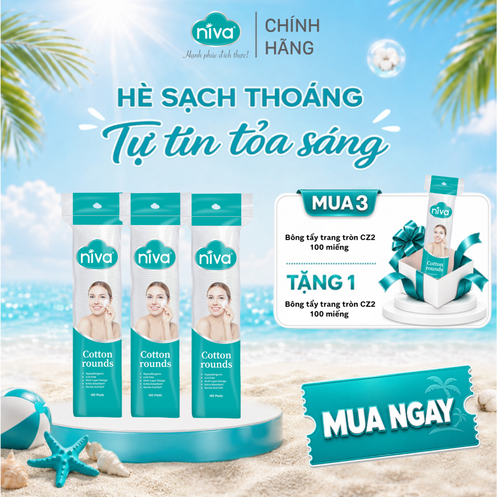 [Mua 3 Tặng 1] Bông Tẩy Trang NIVA CZ2 Tròn 100 Miếng - Cotton Tự Nhiên, Dịu Nhẹ Cho Da Nhạy Cảm
