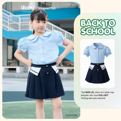Mix set đồ đi học bé gái ILABY áo sơ mi cổ bèo tay bồng và quần giả váy xếp ly [3220+3226]
