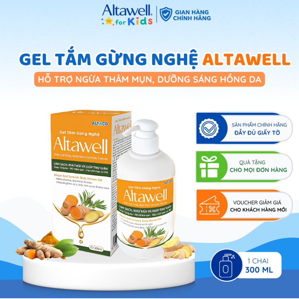 Gel Tắm Gừng Nghệ Altawell - Hỗ trợ Ngừa Thâm Mụn, Hạn Chế Mụn Cơ Thể, Dưỡng Sáng Hồng Da