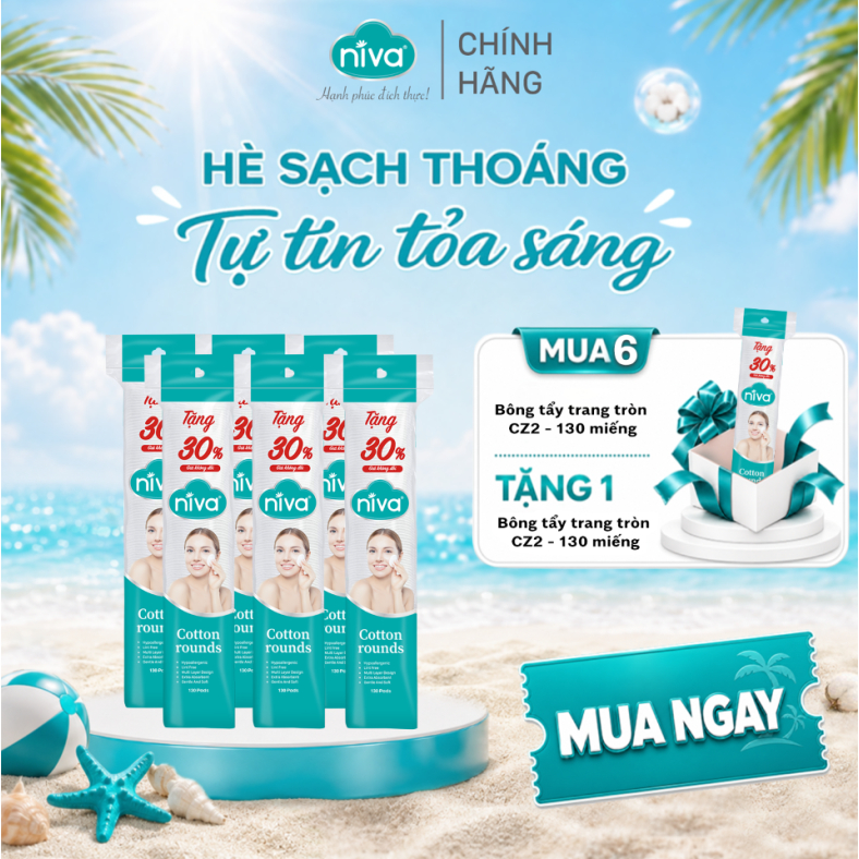 [Mua 6 Tặng 1] Bông Tẩy Trang Tròn NIVA CZ2 130 Miếng Bông Tự Nhiên, Không Xơ, Êm Dịu Cho Mọi Làn Da