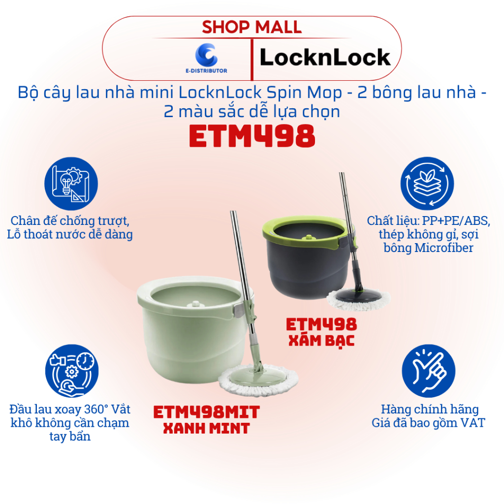 [HỎA TỐC] Bộ cây lau nhà mini LocknLock Spin Mop ETM498/ETM498MIT - Hàng chính hãng