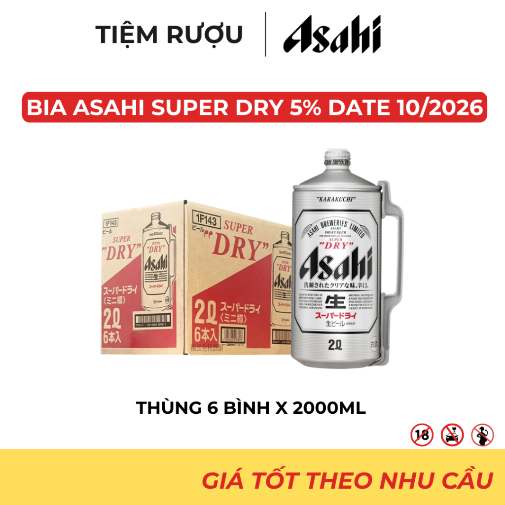 Thùng 6 Bình Bia Asahi Nồng Độ 5% 2000ml Date 10/2026 - Hương Vị Nhật Bản Trên Tay Bạn