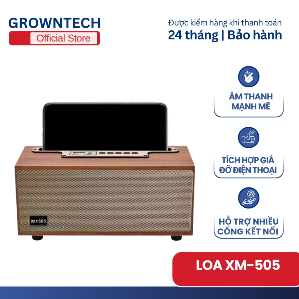 Loa bluetooth GROWNTECH XM 505 Bass mạnh, công suất lớn siêu trầm, vỏ gỗ, có giá đỡ điện thoại