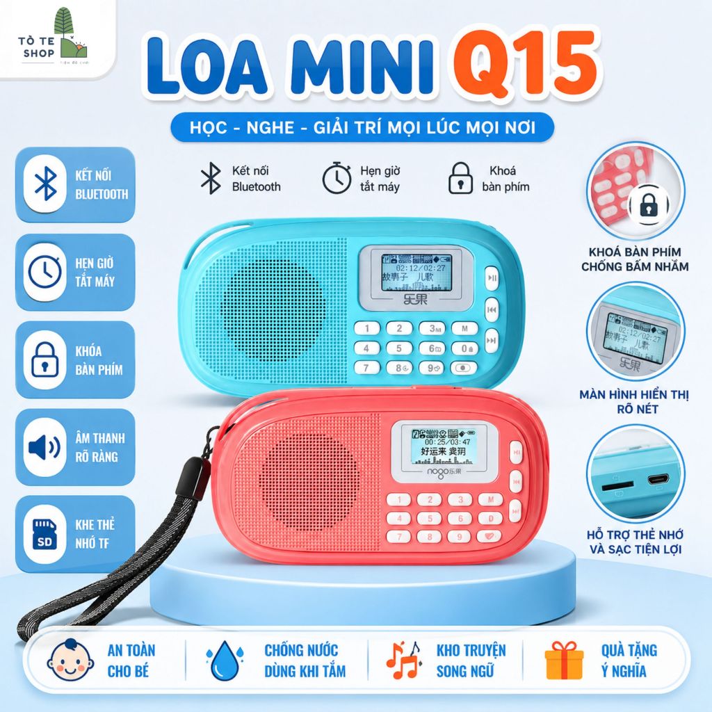 Loa Nogo - Loa Mini Q15 cho bé tắm ngôn ngữ đa chức năng, có nút khoá bàn phím, hẹn giờ tắt, bluetoo
