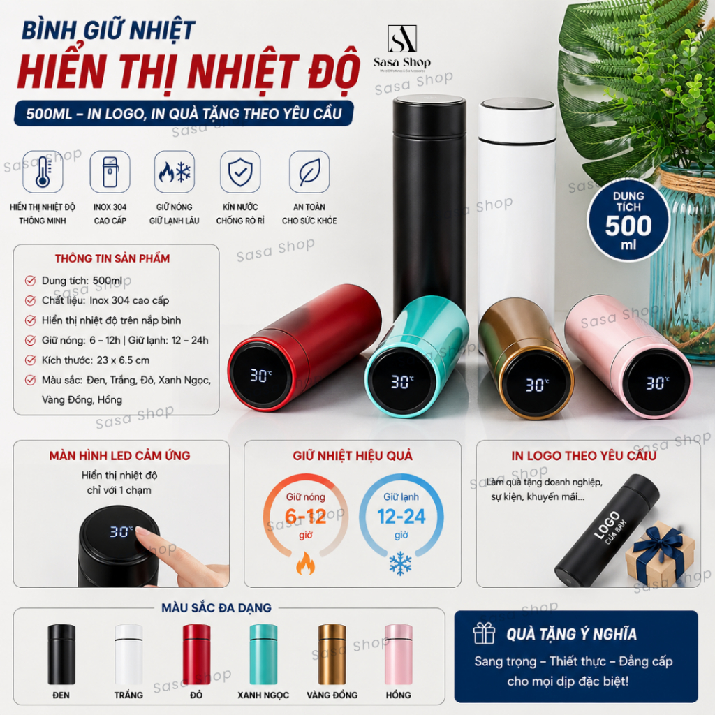 Bình Giữ Nhiệt Hiển Thị Nhiệt Độ 500ml- IN LOGO THEO YÊU CẦU