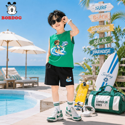 Bộ ba lỗ bé trai BOBDOG, quần áo bé trai chất cotton mỏng mát thoáng khí, bộ thể thao ba lỗ in hình cá cho bé BD-KS533