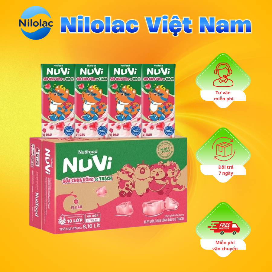 NuVi Sữa Chua Uống Có Thạch Vị Dâu - 48 Hộp - 170ml