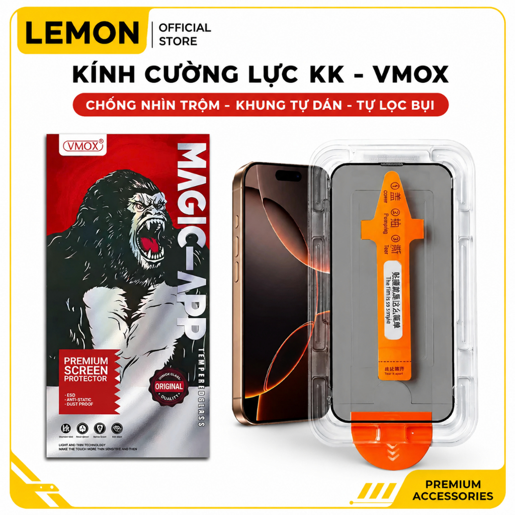 Kính Cường Lực iPhone KK VMOX Tự Dán, Tự Hút Bụi, Chống Nhìn Trộm Full Màn…