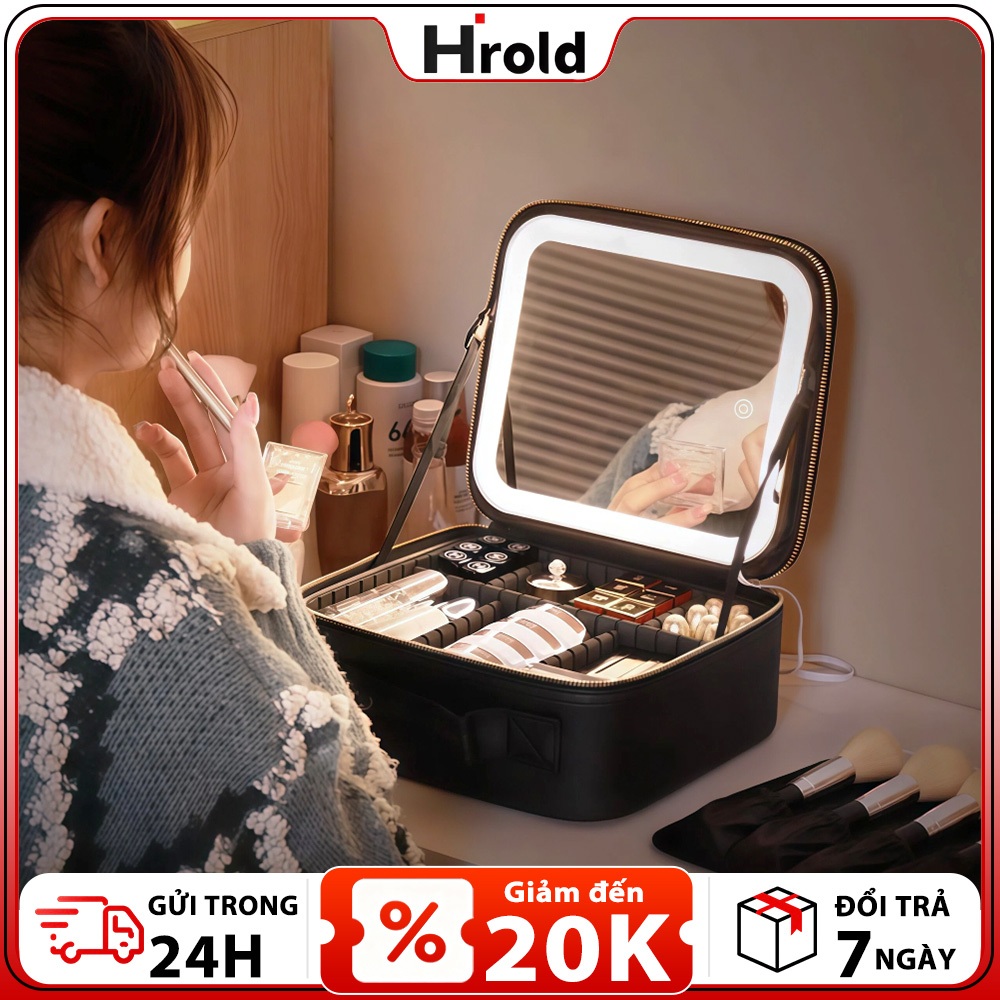 Hrold Cốp Makeup Hồng Cốp Đựng Mỹ Phẩm  26*23*11CM Hộp Đựng Đồ Makeup LED Gương Túi Đựng Đồ Makeup