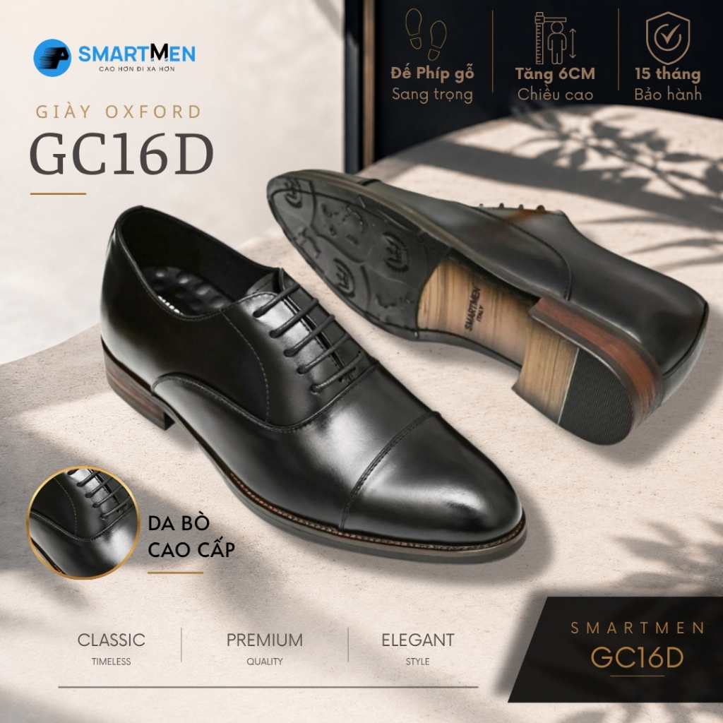 [BÁN CHẠY] Giày Oxford Công sở Cao cấp nam tăng chiều cao GC-16 Đen SMARTMEN đế phíp gỗ sang trọng