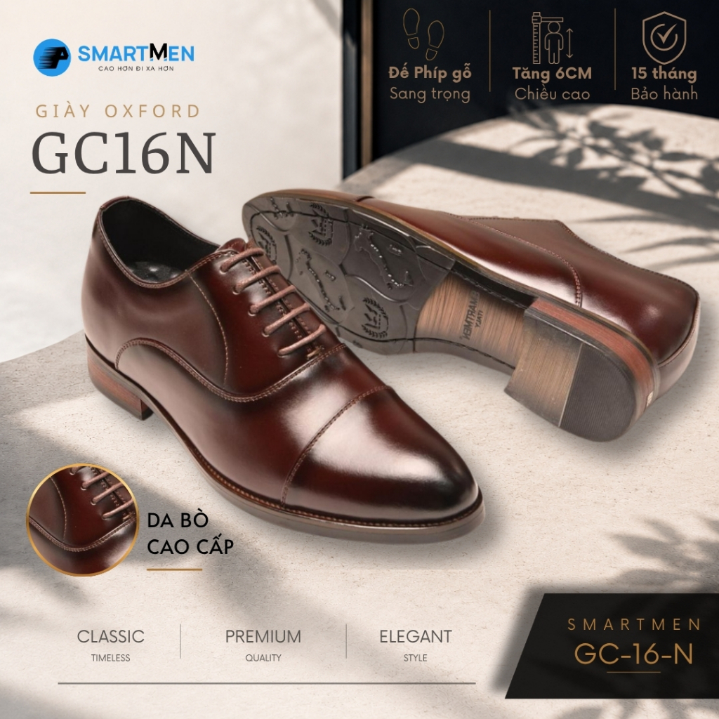 Giày Oxford cao cấp GC-16-N Da bò cao cấp nhập khẩu SMARTMEN, đế phíp gỗ sang trọng Oxford shoes