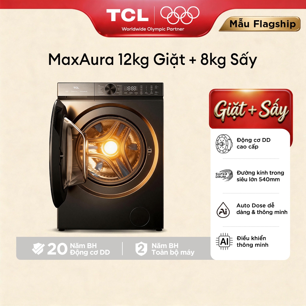 【Max Drum】TCL MaxAura giặt 12kg+sấy 8kg, động cơ DD cao cấp,lồng giặt siêu lớn 540mm,Nâng cấp tính năng AI,TWD120-C682DG